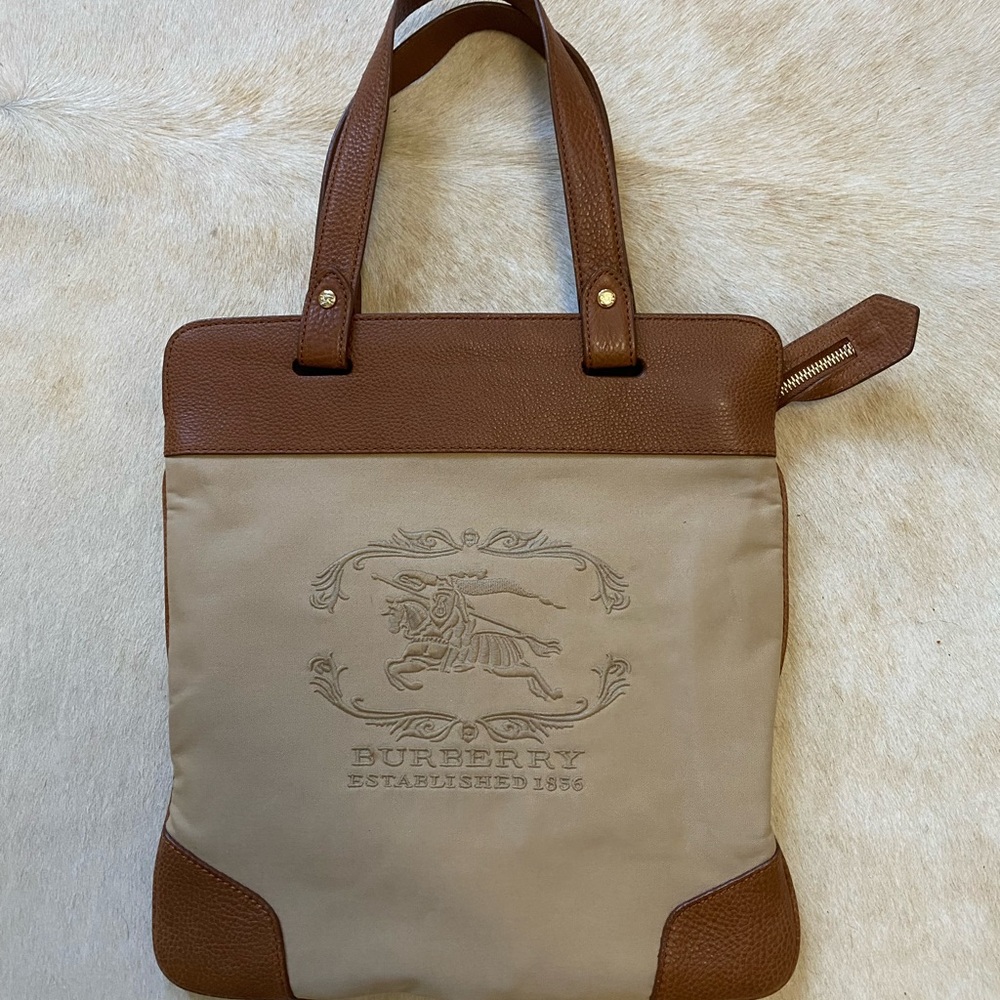 Burberry Vintage RARE Beige Canvas and Brown Leather Laptop Bag /Zipper Tote